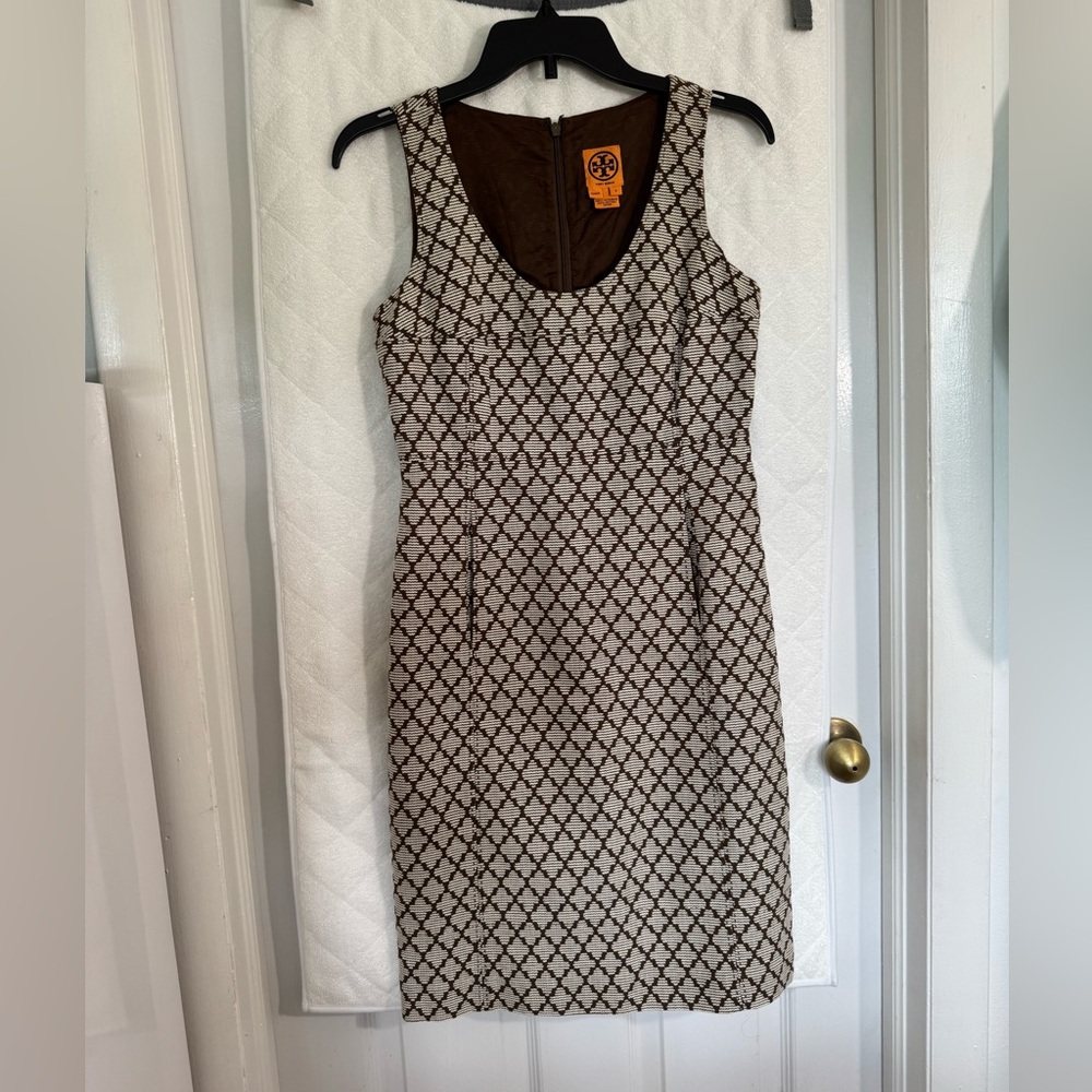 Tory Burch Cream and Brown Geometric Scoop-Neck Mini Dress